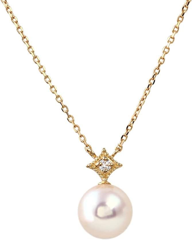 Japanese 6.5mm Akoya Cultured Pearl with Diamond Pendant Necklace for Women with 18K Yellow Gold | Classy Design Excellent Gift | Pearl Necklace